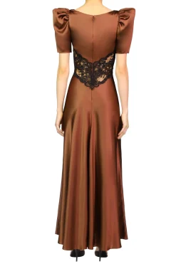 Brown Silk Satin Short Sleeve Dress With Black Lace Details