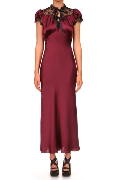 Burgundy Silk Satin Bias Dress With Lace And Ruffle Details