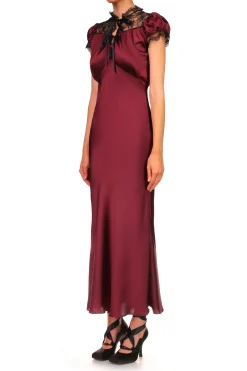 Burgundy Silk Satin Bias Dress With Lace And Ruffle Details
