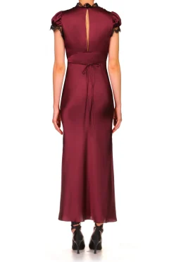 Burgundy Silk Satin Bias Dress With Lace And Ruffle Details
