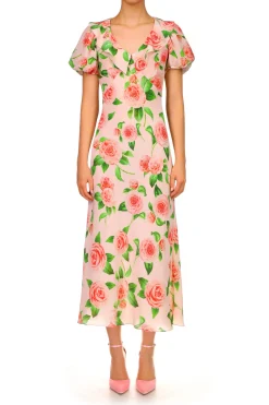Camellia Printed Silk Bias Dress With Ruffle Details