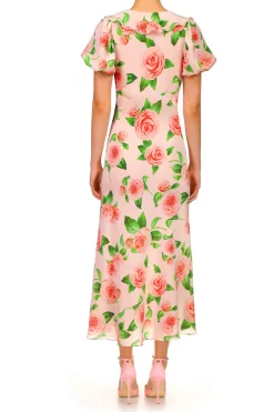 Camellia Printed Silk Bias Dress With Ruffle Details