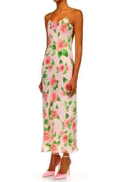 Camellia Printed Silk Bias Slip With Silk Flower Detail