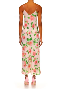 Camellia Printed Silk Bias Slip With Silk Flower Detail