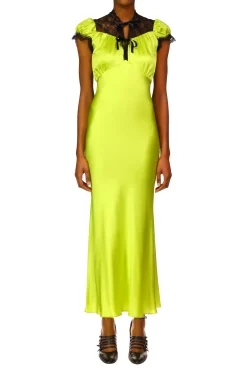 Chartreuse Silk Satin Bias Dress With Lace And Ruffle Details