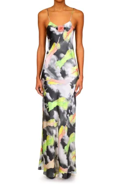 Cloud And Fairy Printed Silk Satin Bias Slip Dress
