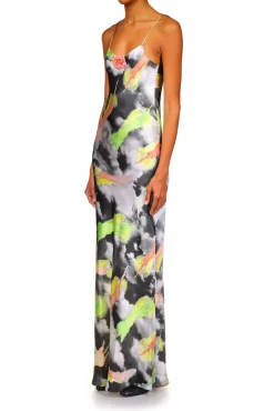 Cloud And Fairy Printed Silk Satin Bias Slip Dress