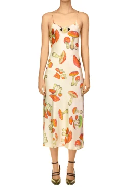 Cream Mushroom Printed Silk Satin Slip Dress