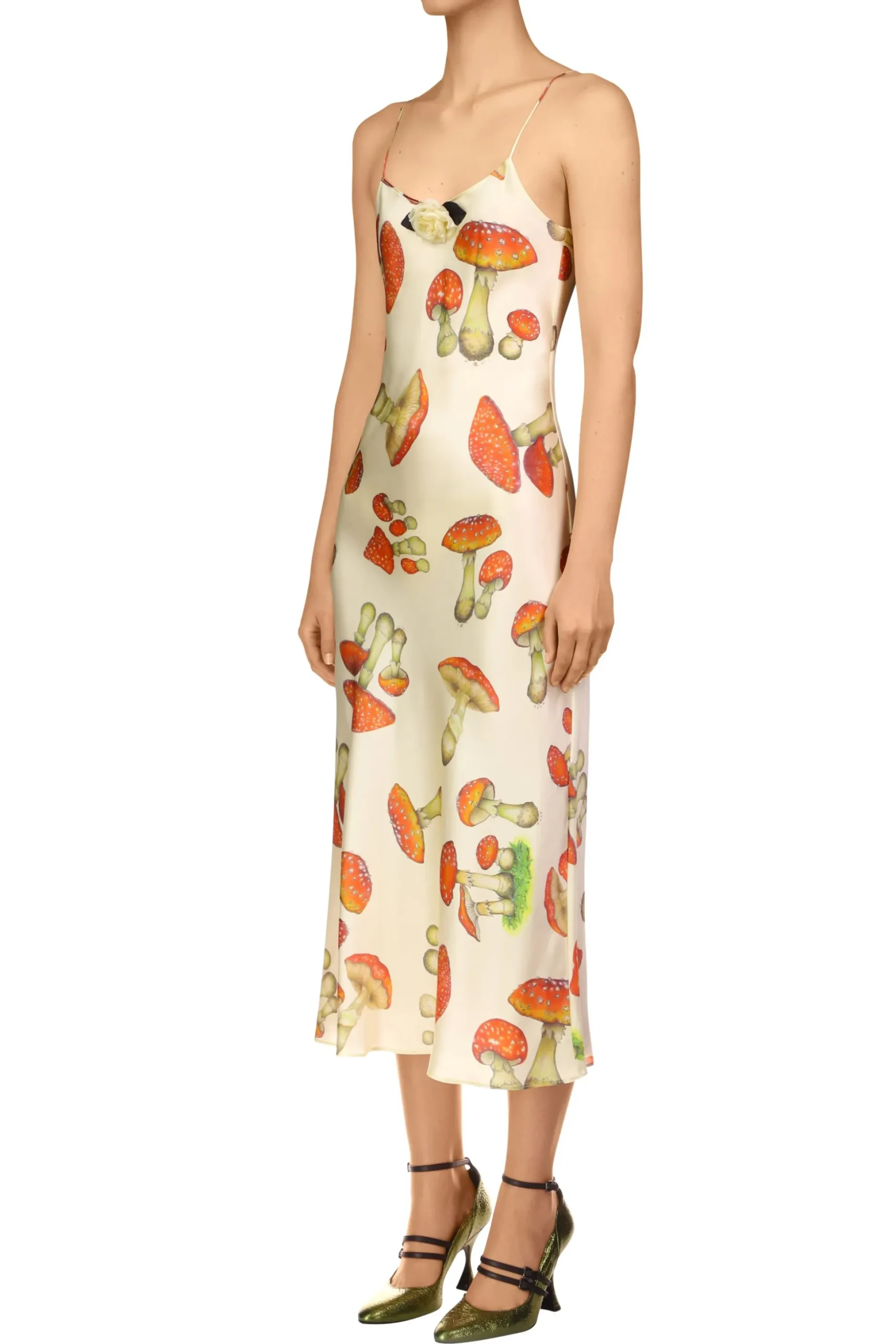 Cream Mushroom Printed Silk Satin Slip Dress