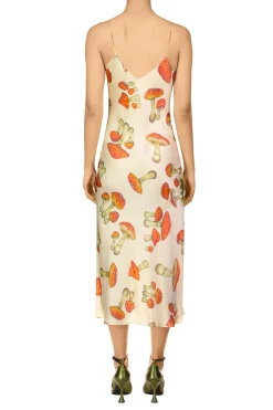 Cream Mushroom Printed Silk Satin Slip Dress