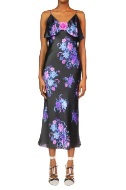 Floral Printed Satin Charmeuse Bias Slip Dress With Ruffle And Silk Flower Detail