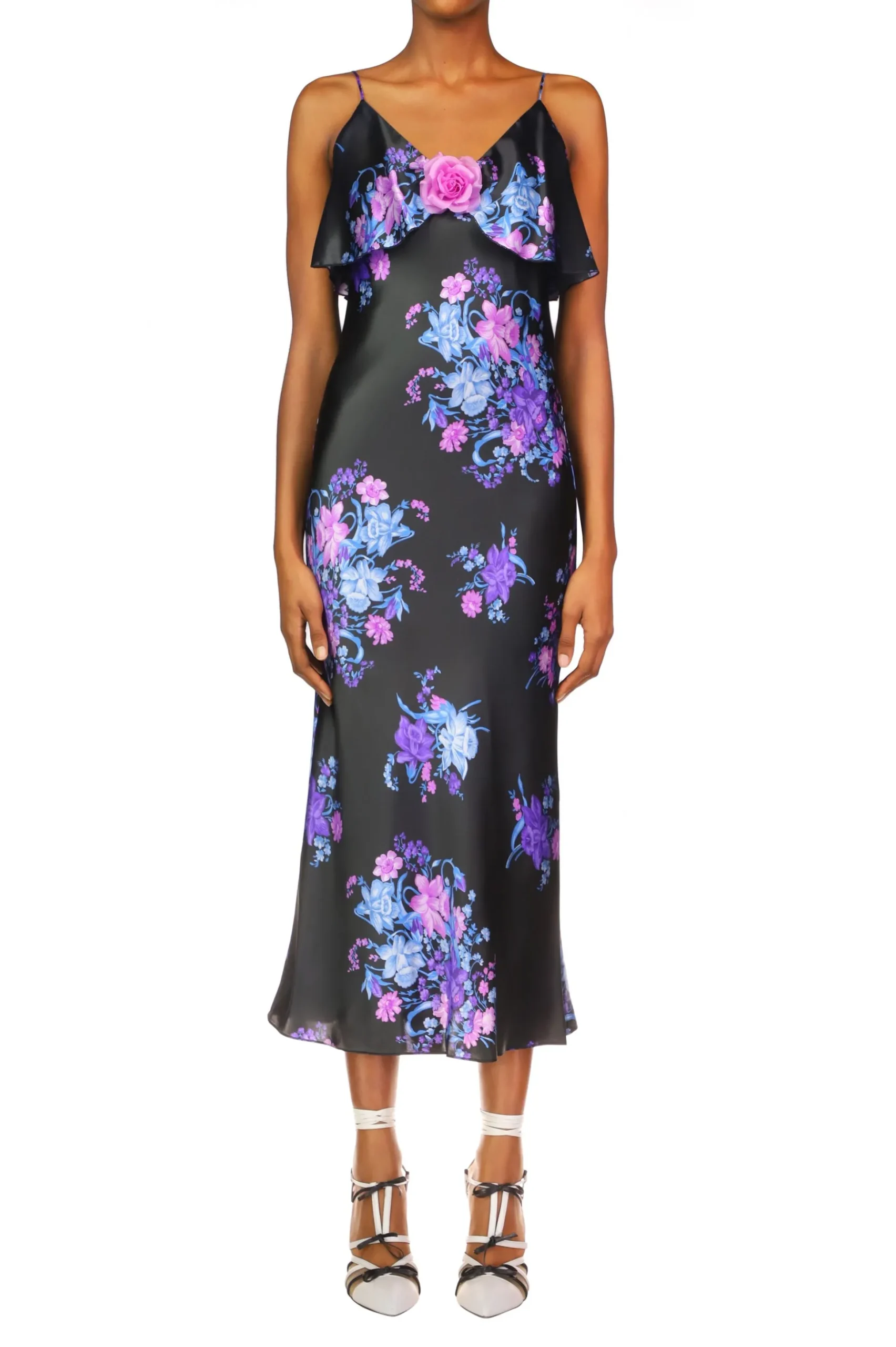 Floral Printed Satin Charmeuse Bias Slip Dress With Ruffle And Silk Flower Detail