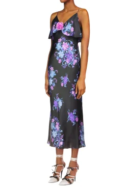Floral Printed Satin Charmeuse Bias Slip Dress With Ruffle And Silk Flower Detail
