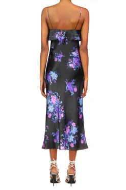 Floral Printed Satin Charmeuse Bias Slip Dress With Ruffle And Silk Flower Detail