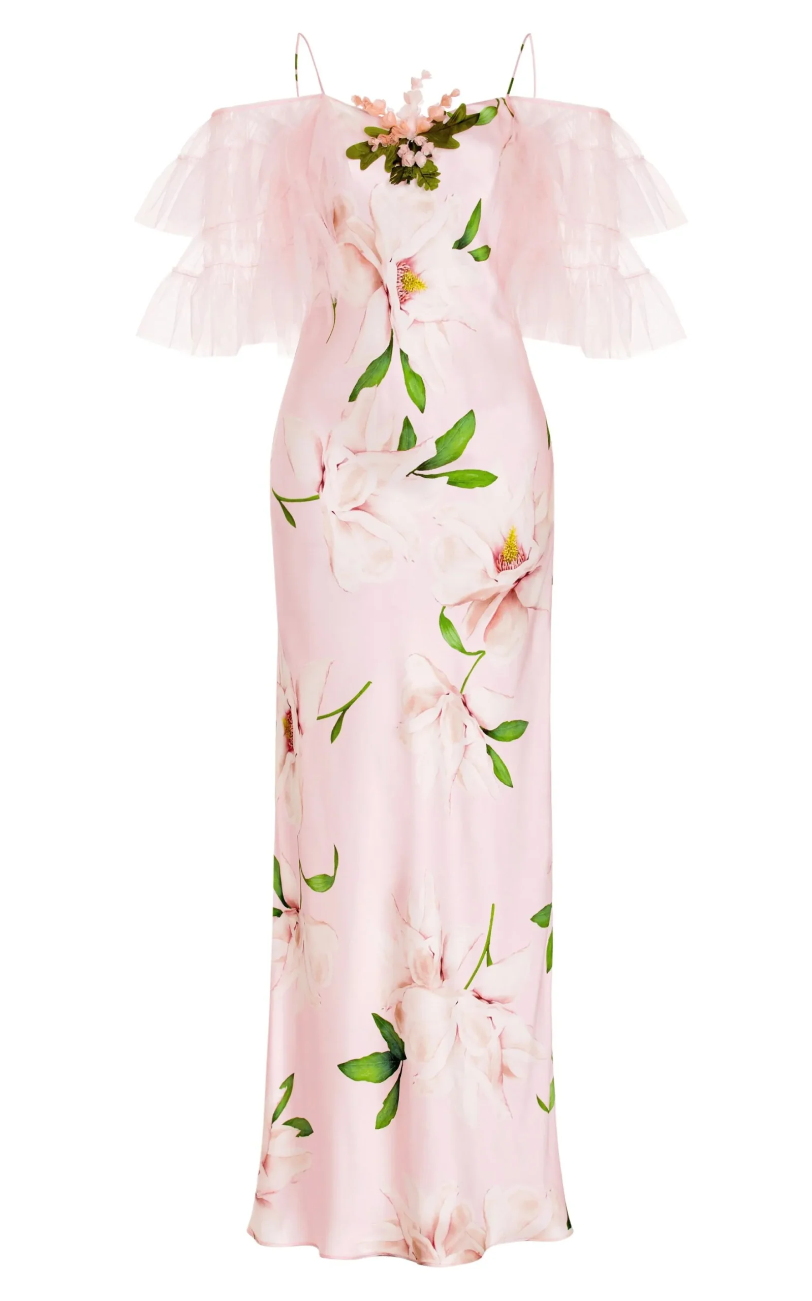 Floral Printed Silk Bias Slip Dress With Ruffle Sleeves And Silk Flower