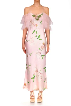Floral Printed Silk Bias Slip Dress With Ruffle Sleeves And Silk Flower