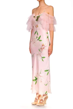 Floral Printed Silk Bias Slip Dress With Ruffle Sleeves And Silk Flower