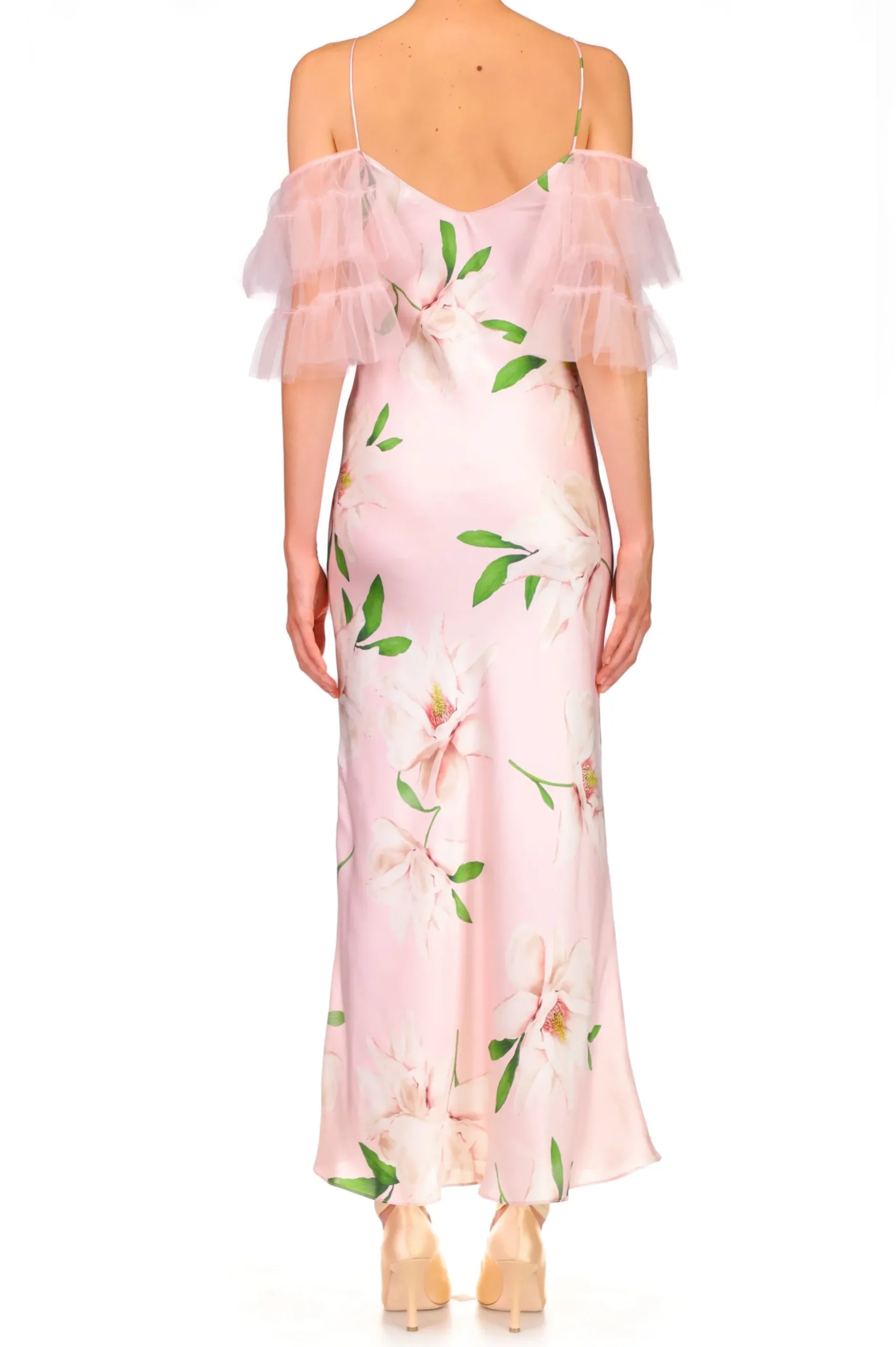 Floral Printed Silk Bias Slip Dress With Ruffle Sleeves And Silk Flower