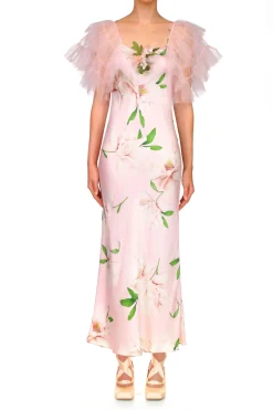 Floral Printed Silk Bias Slip Dress With Ruffle Sleeves And Silk Flower