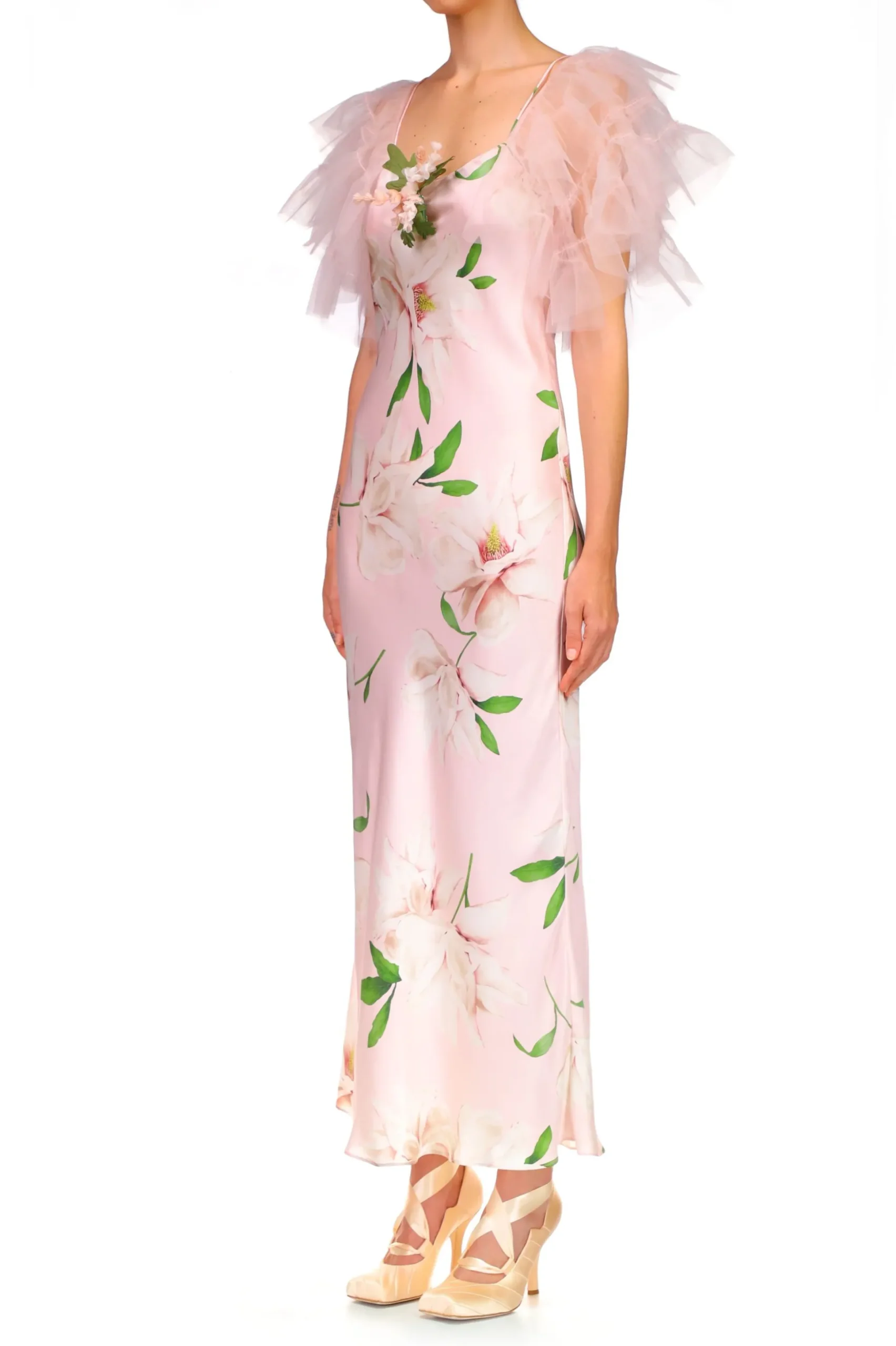 Floral Printed Silk Bias Slip Dress With Ruffle Sleeves And Silk Flower