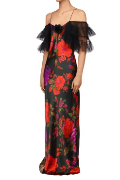 Floral Printed Silk Bias Slip Gown With Ruffle Sleeves And Silk Flower