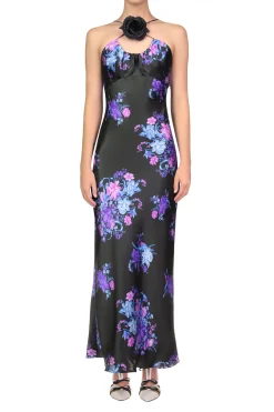 Floral Printed Silk Satin Bias Halter Dress With Ruched Bust And Silk Flower Detail