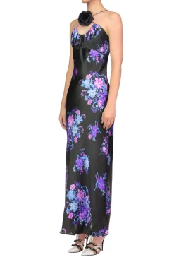 Floral Printed Silk Satin Bias Halter Dress With Ruched Bust And Silk Flower Detail