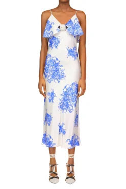 Floral Printed Silk Twill Bias Slip Dress With Ruffle And Silk Flower Detail