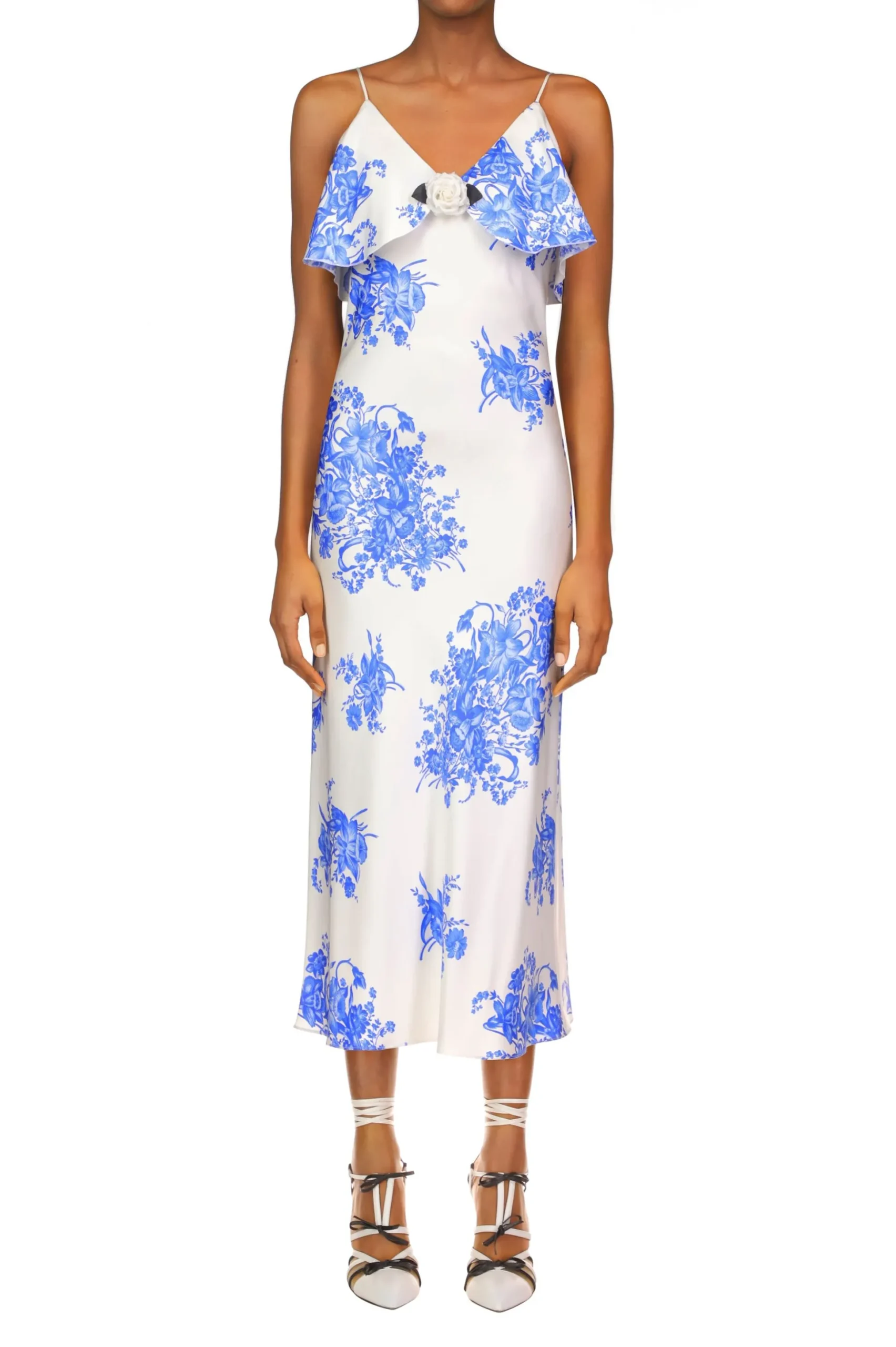 Floral Printed Silk Twill Bias Slip Dress With Ruffle And Silk Flower Detail