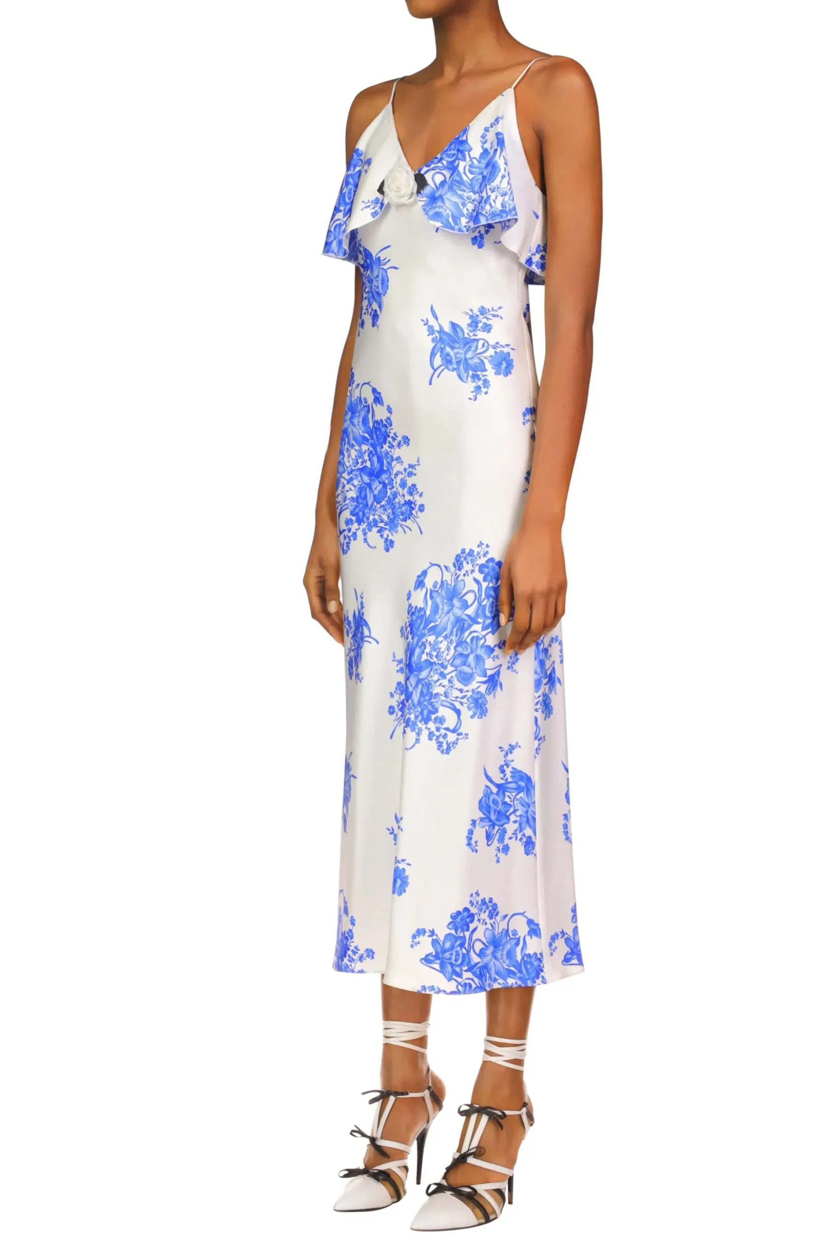Floral Printed Silk Twill Bias Slip Dress With Ruffle And Silk Flower Detail