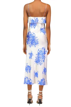 Floral Printed Silk Twill Bias Slip Dress With Ruffle And Silk Flower Detail