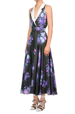 Floral Printed Silk Twill Collared Halter Dress With Belt Detail