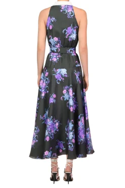Floral Printed Silk Twill Collared Halter Dress With Belt Detail