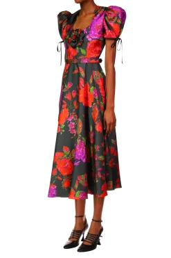 Floral Printed Twill Dress With Silk Flower