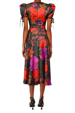 Floral Printed Twill Dress With Silk Flower