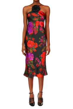 Floral Silk Satin Halter Dress With Flower