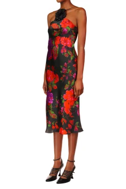 Floral Silk Satin Halter Dress With Flower