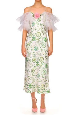 Green And White Printed Silk Bias Slip Dress With Ruffle Sleeves And Silk Flower