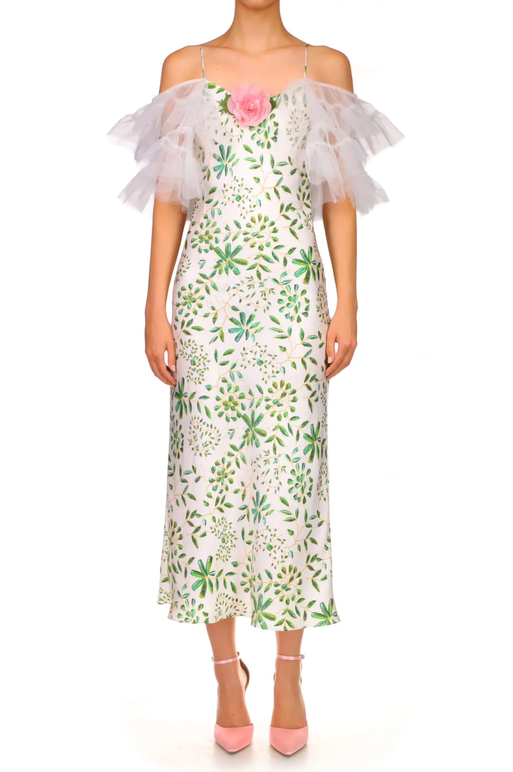 Green And White Printed Silk Bias Slip Dress With Ruffle Sleeves And Silk Flower