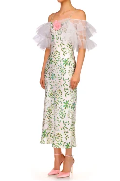Green And White Printed Silk Bias Slip Dress With Ruffle Sleeves And Silk Flower