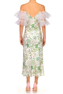 Green And White Printed Silk Bias Slip Dress With Ruffle Sleeves And Silk Flower