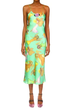 Green Fairy Printed Silk Satin Bias Slip Dress