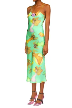 Green Fairy Printed Silk Satin Bias Slip Dress