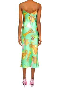 Green Fairy Printed Silk Satin Bias Slip Dress