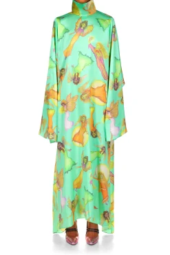 Green Fairy Printed Silk Satin Tunic Dress