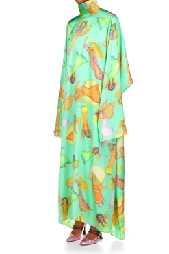 Green Fairy Printed Silk Satin Tunic Dress