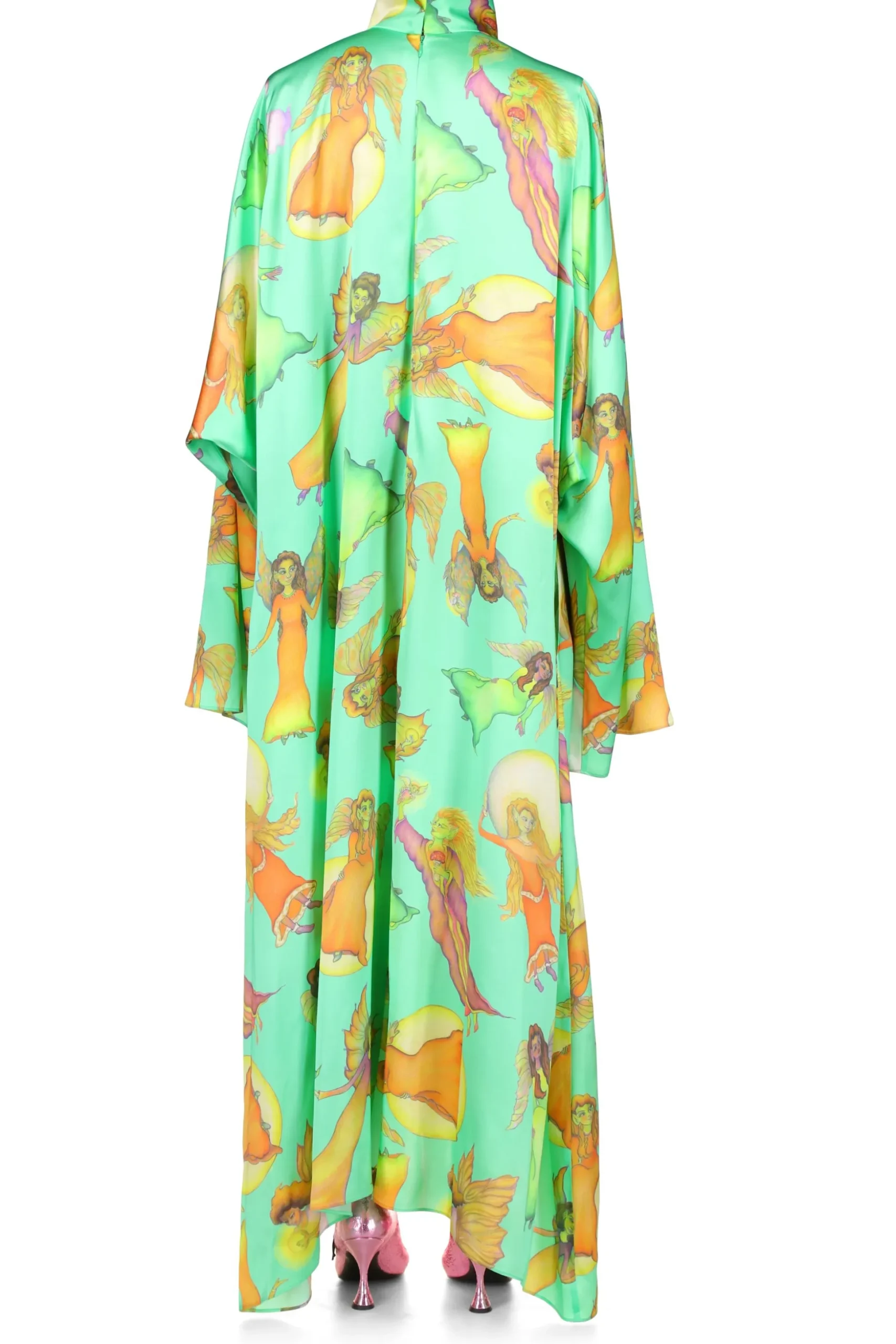 Green Fairy Printed Silk Satin Tunic Dress