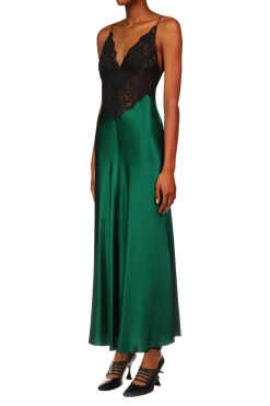 Green Silk Charmeuse Bias Dress With Black Lace