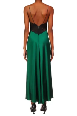 Green Silk Charmeuse Bias Dress With Black Lace