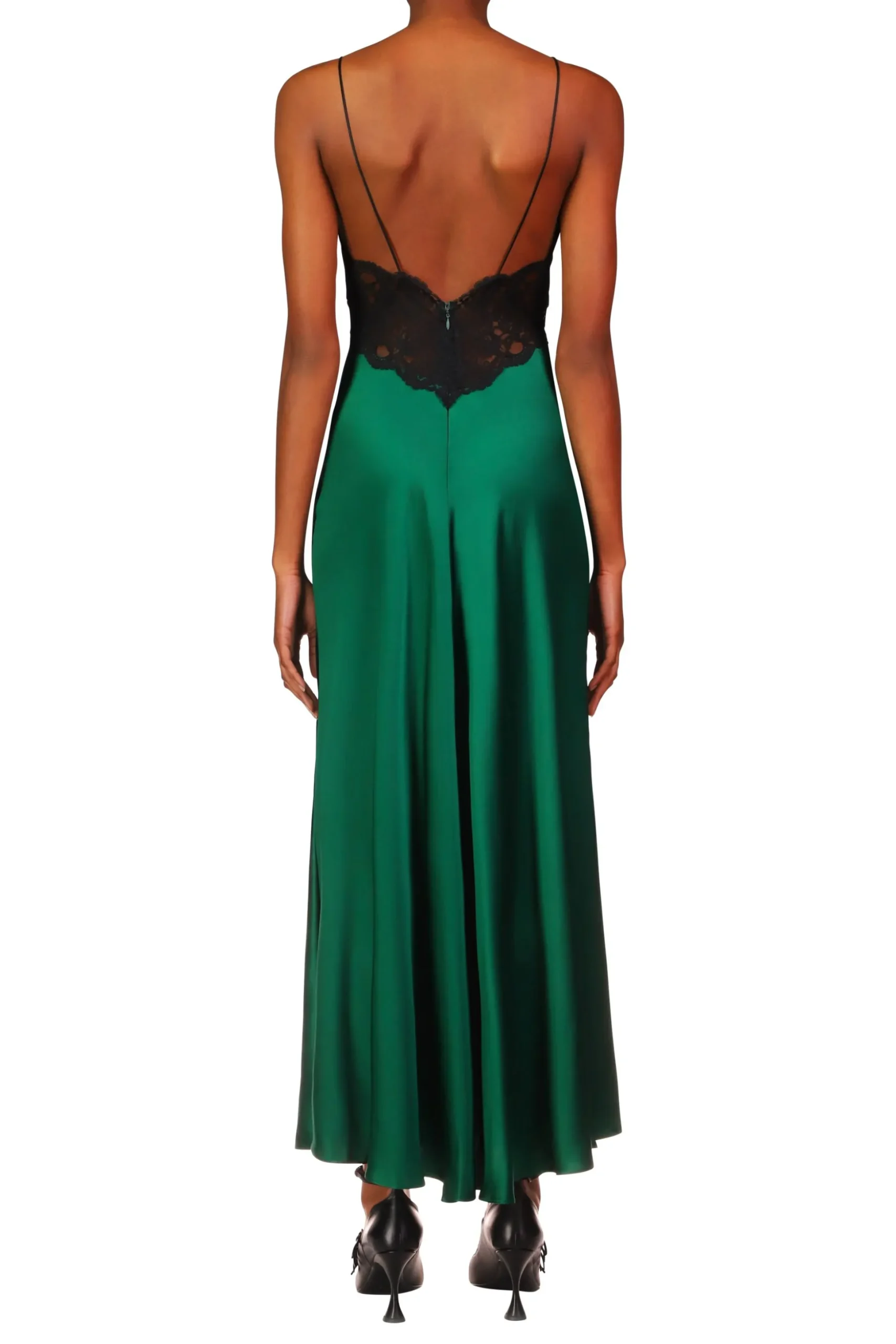 Green Silk Charmeuse Bias Dress With Black Lace